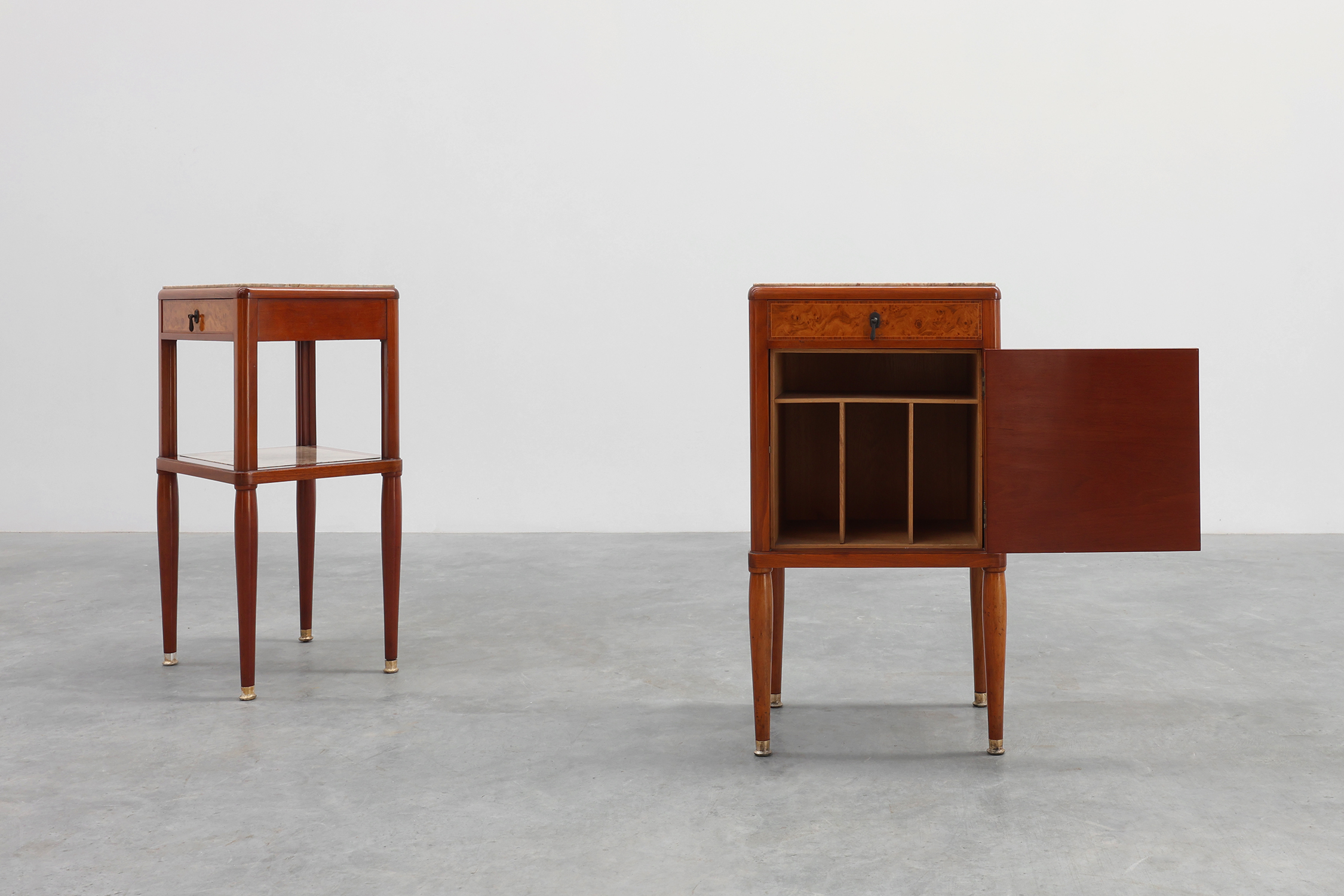 Pair of French Art Deco bedside tables with marquetry and marble tops, 1940sthumbnail